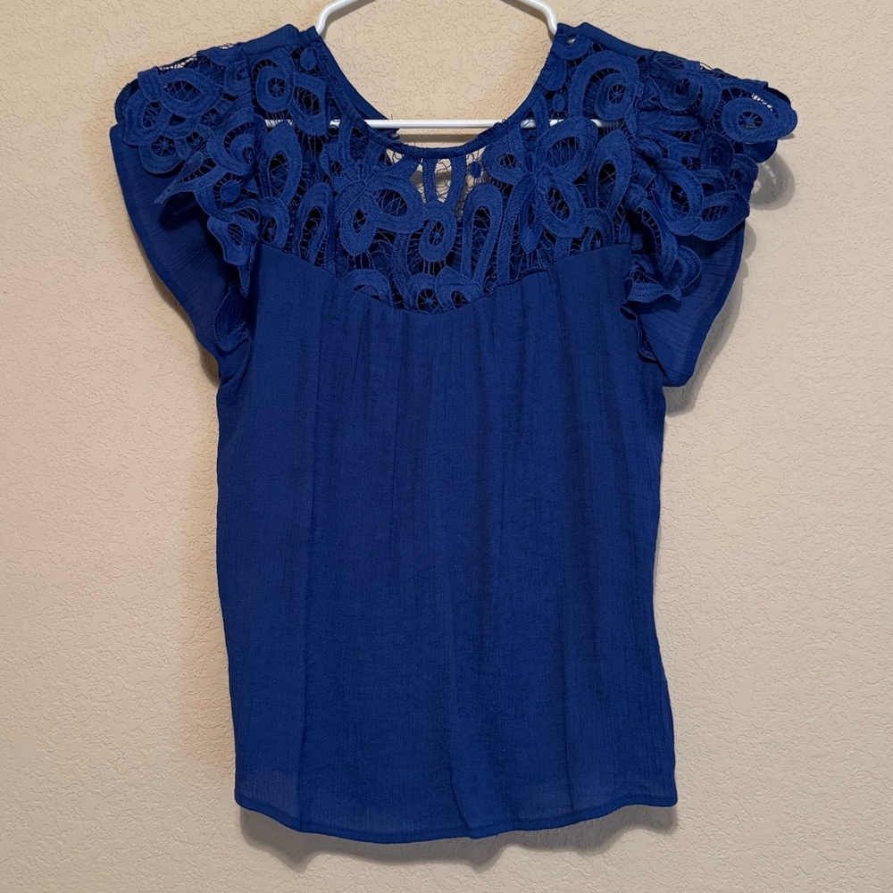 Royal Blue Crochet Yoke Flutter Sleeve Top